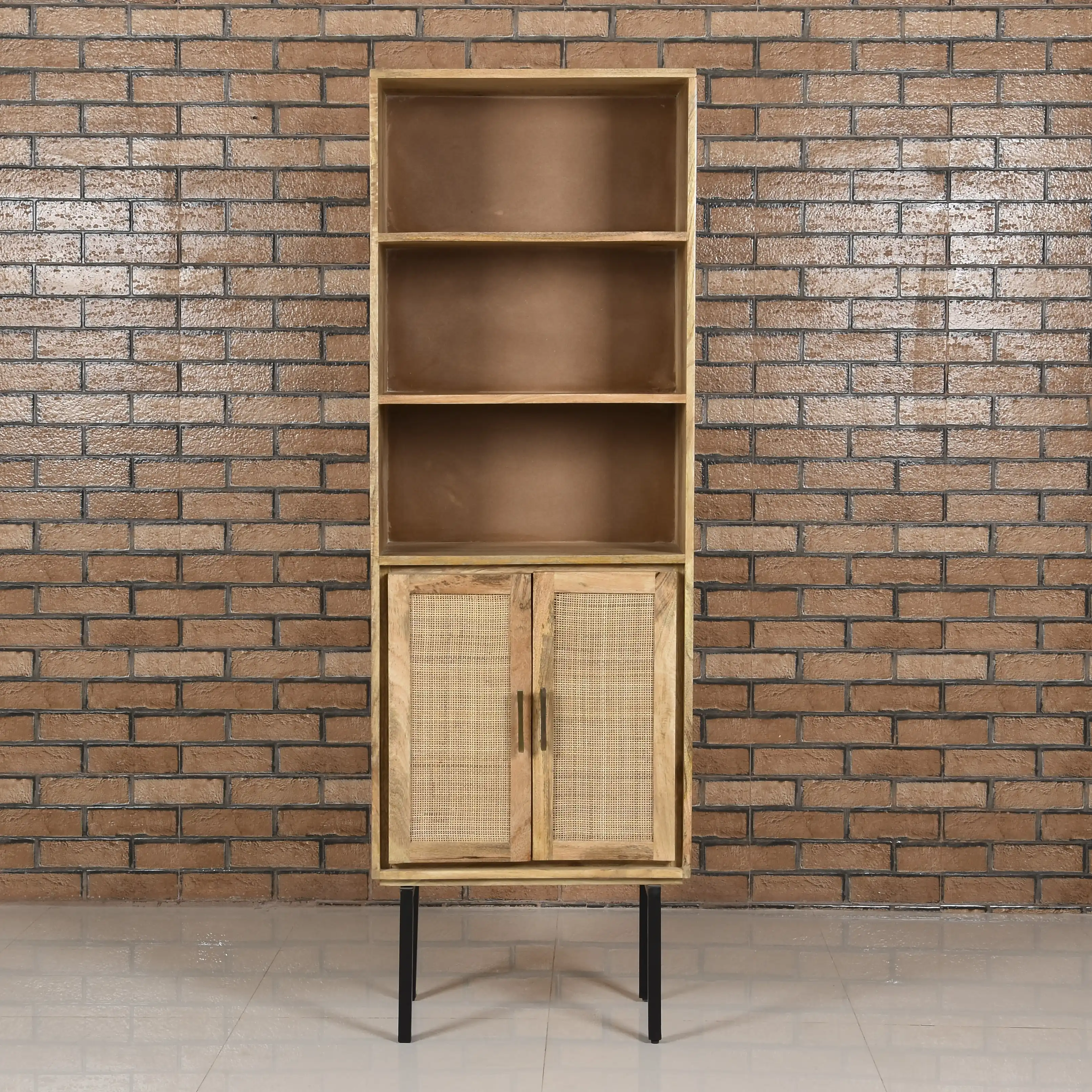 Wooden & Rattan Book Shelf with 2 Doors & 3 Open Shelves  KD - popular handicrafts